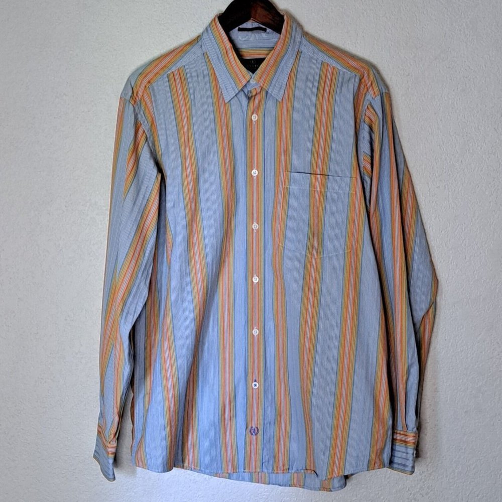 Bugatchi Uomo Shirt Men's Large Colorful Stripe Blue Orange Green Long Sleeve